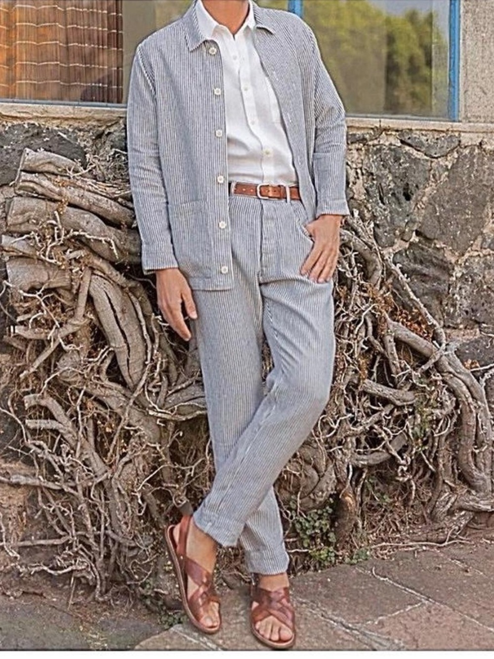 Alex Crane Pants 100% Linen Cham Trousers Stripe Bluish & White Size 30